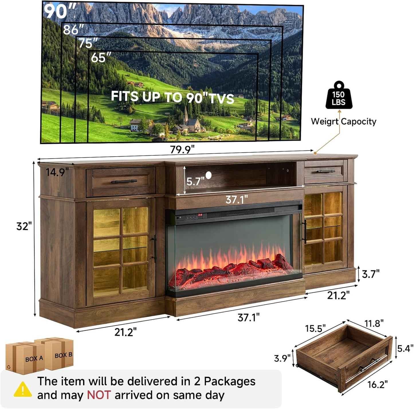 ROCKPOINT 3 Sided Glass 80" Fireplace TV Stand for TVs up to 90",Entertainment Center with Drawers and Glass Door Storage Cabinet for Living Room,36"Electric Fireplace & Adjustable LED Light ,Espresso
