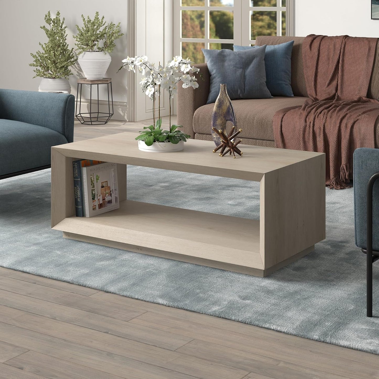 Henn&Hart 48" Rectangular Coffee Table with Open Storage Shelf for Living Room, Family Room, or Office, Alder White