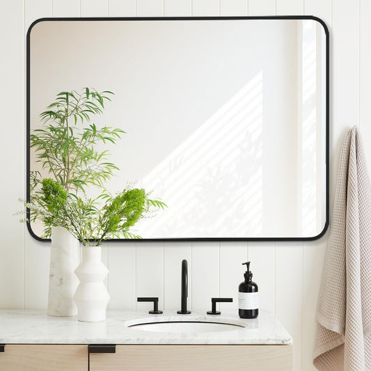 30x40 Inch Rectangle Bathroom Mirror with Black Metal Frame, Rounded Corner Rectangular Vanity Mirror for Wall, Modern Large for Bedroom, Living Room, Horizontal or Vertical