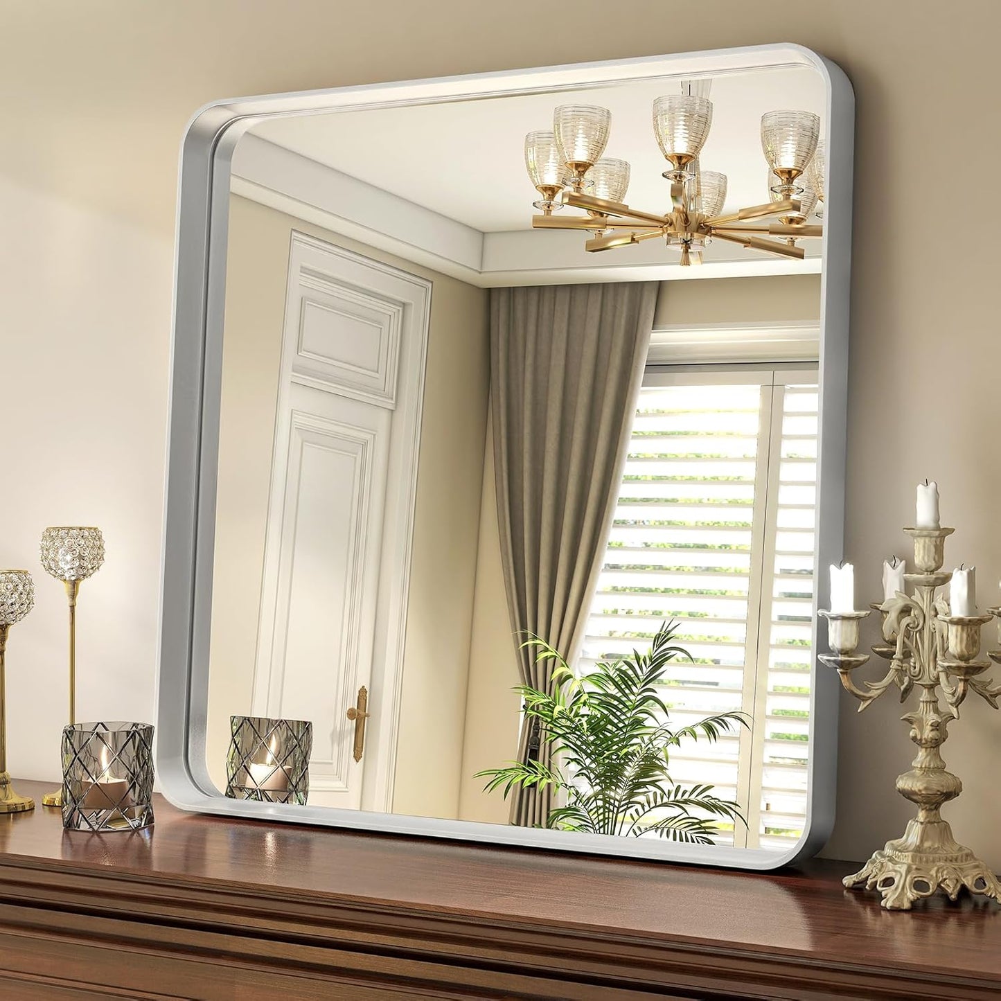 30"x 30" Silver Bathroom Mirror - Aluminum Framed Wall Mirror, Bathroom Wall Mounted Vanity Mirror, Modern Bathroom Mirror, Bedroom, Living Room Wall Mirror, Hang Horizontally or Vertically