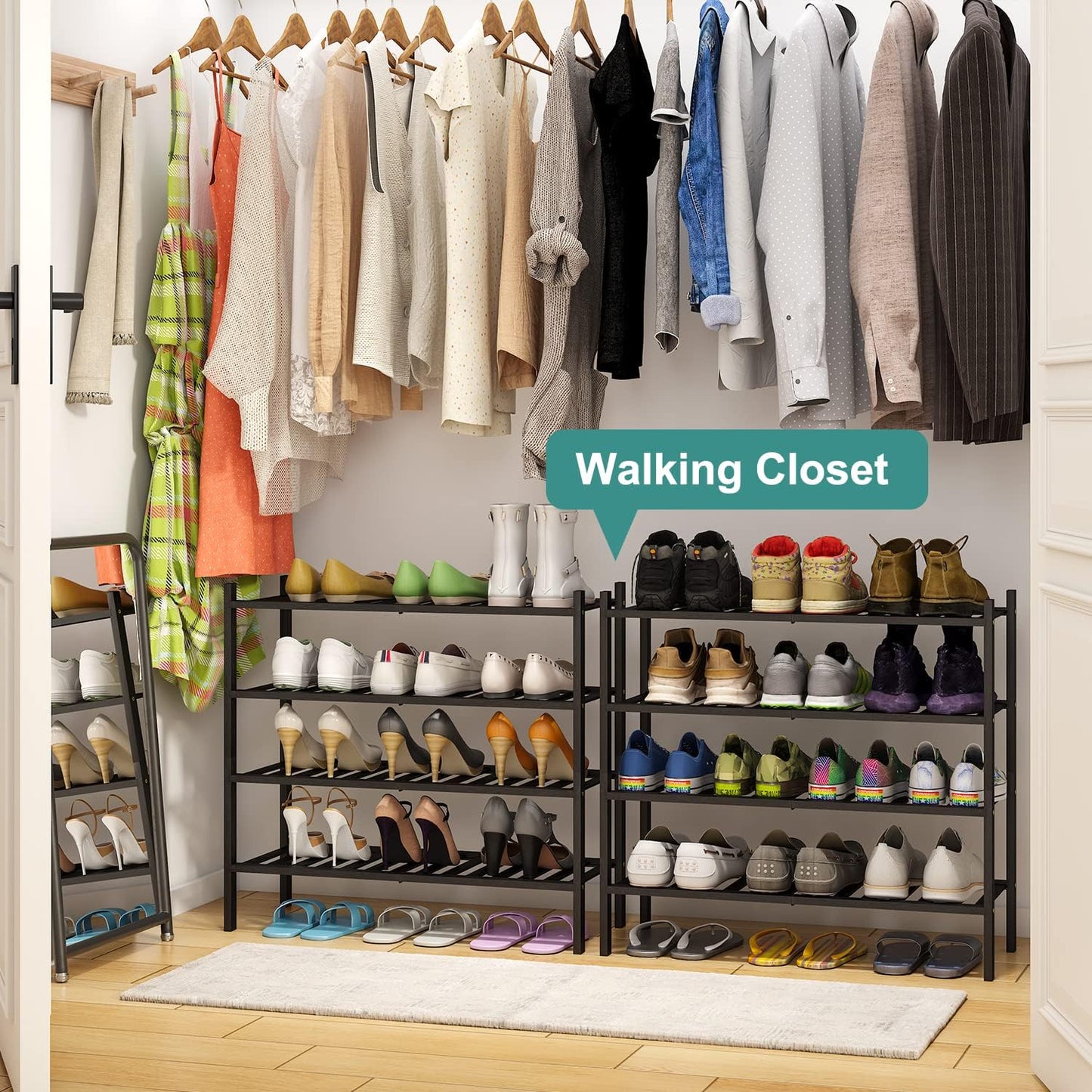 4-Tier Black Bamboo Shoe Rack for Entryway, Stackable | Foldable | Natural, Shoe Organizer for Hallway Closet, Free Standing Shoe Racks for Indoor Outdoor