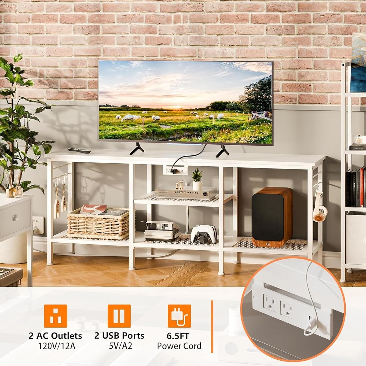 Furologee TV Stand with Power Outlets, Entertainment Center with Open Storage Shelves for TVs up to 55 Inch, TV Media Console Table with Soundbar Shelf for Living Room, Bedroom, White