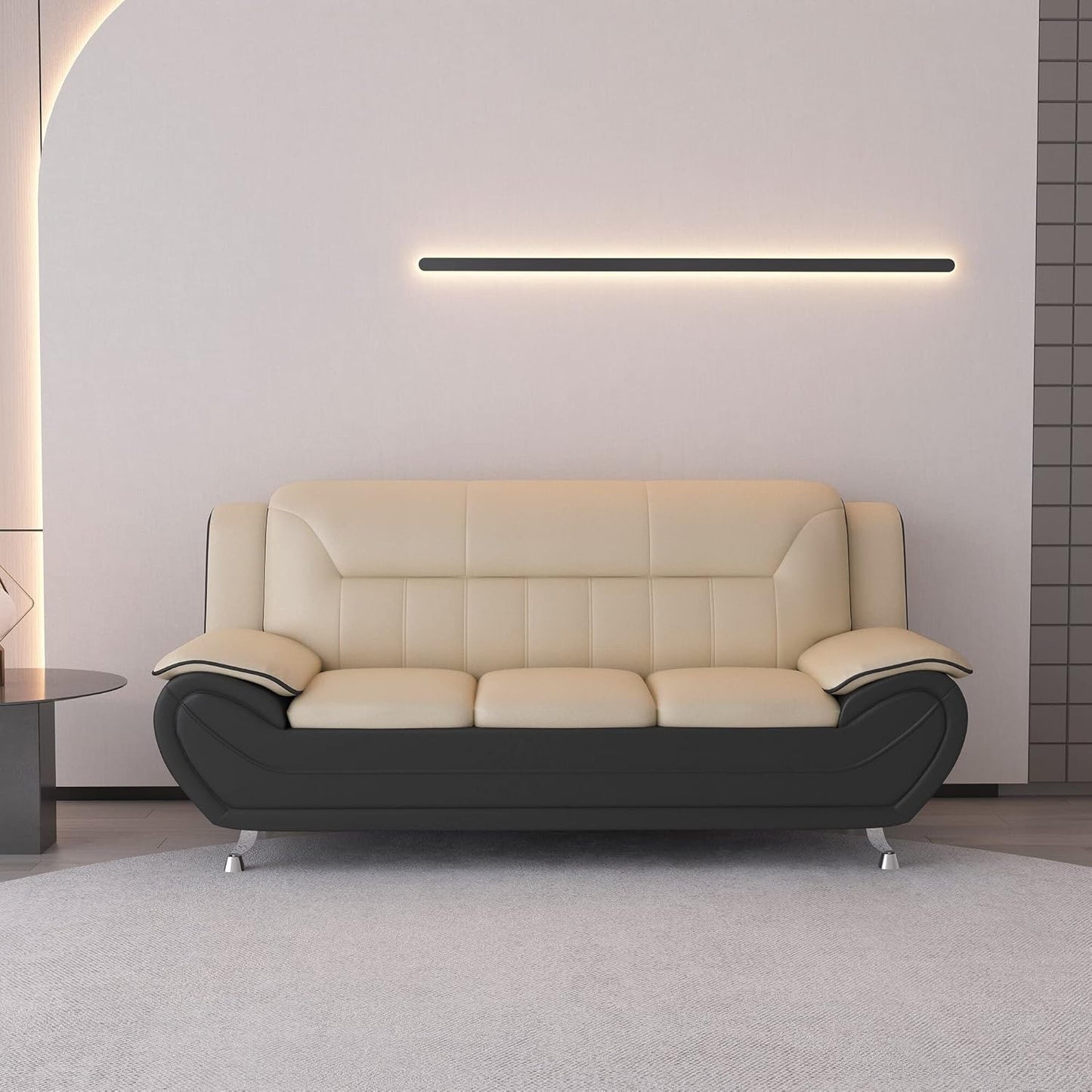 Container Furniture Direct Michael Modern Faux Leather Upholstered Stainless Steel Legs Living Room Sofa, Chair, Camel/Black