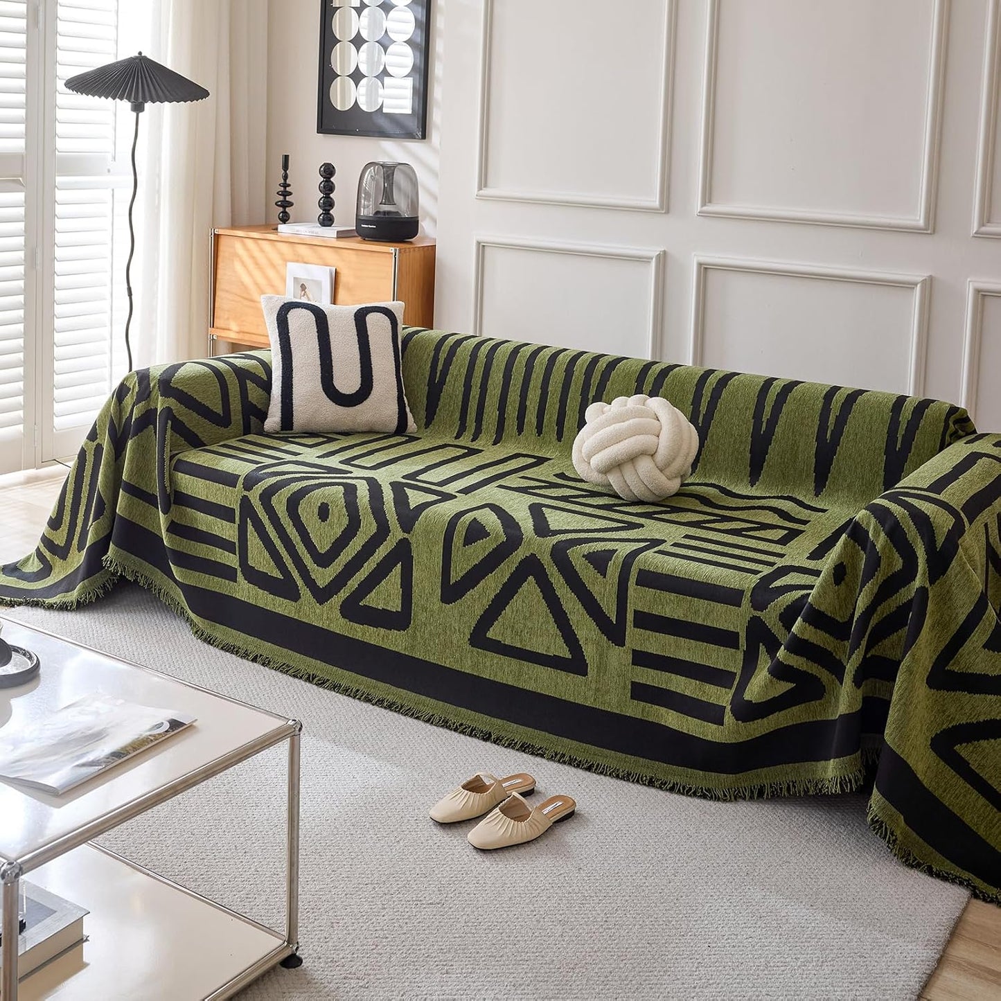 HANDONTIME Boho Geometric Couch Covers for Sofa Pet Friendly Avocado and Black Sofa Covers Washable Chenille Couch Blanket Cover for 3 4 Cushion Couches Pet Protector Furniture Cover Soft, 71" X 150"