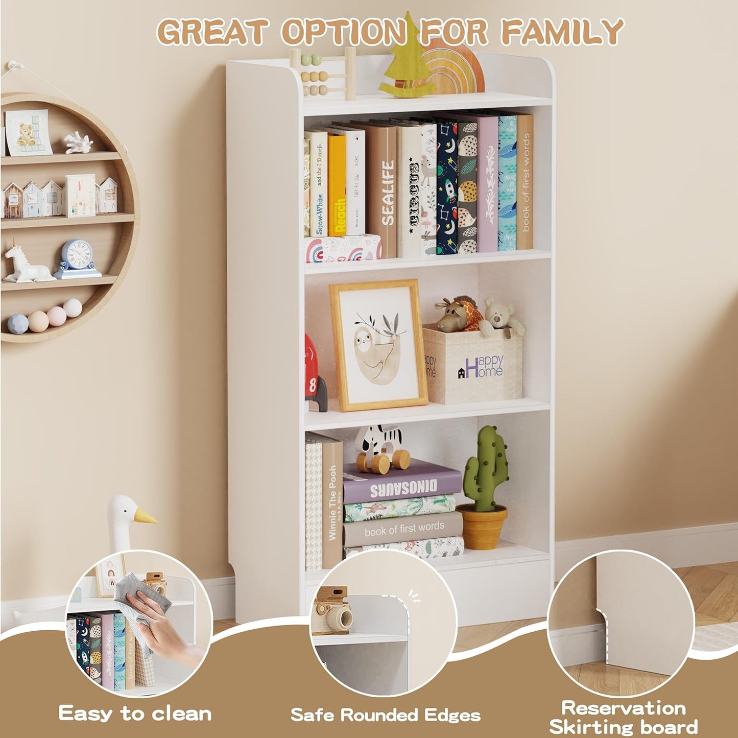 Lkeiyay Montessori Toy Shelf, 4-Tier Kids Storage Organizer,Kid Book Shlef -Ideal for Playroom, Nursery (White)