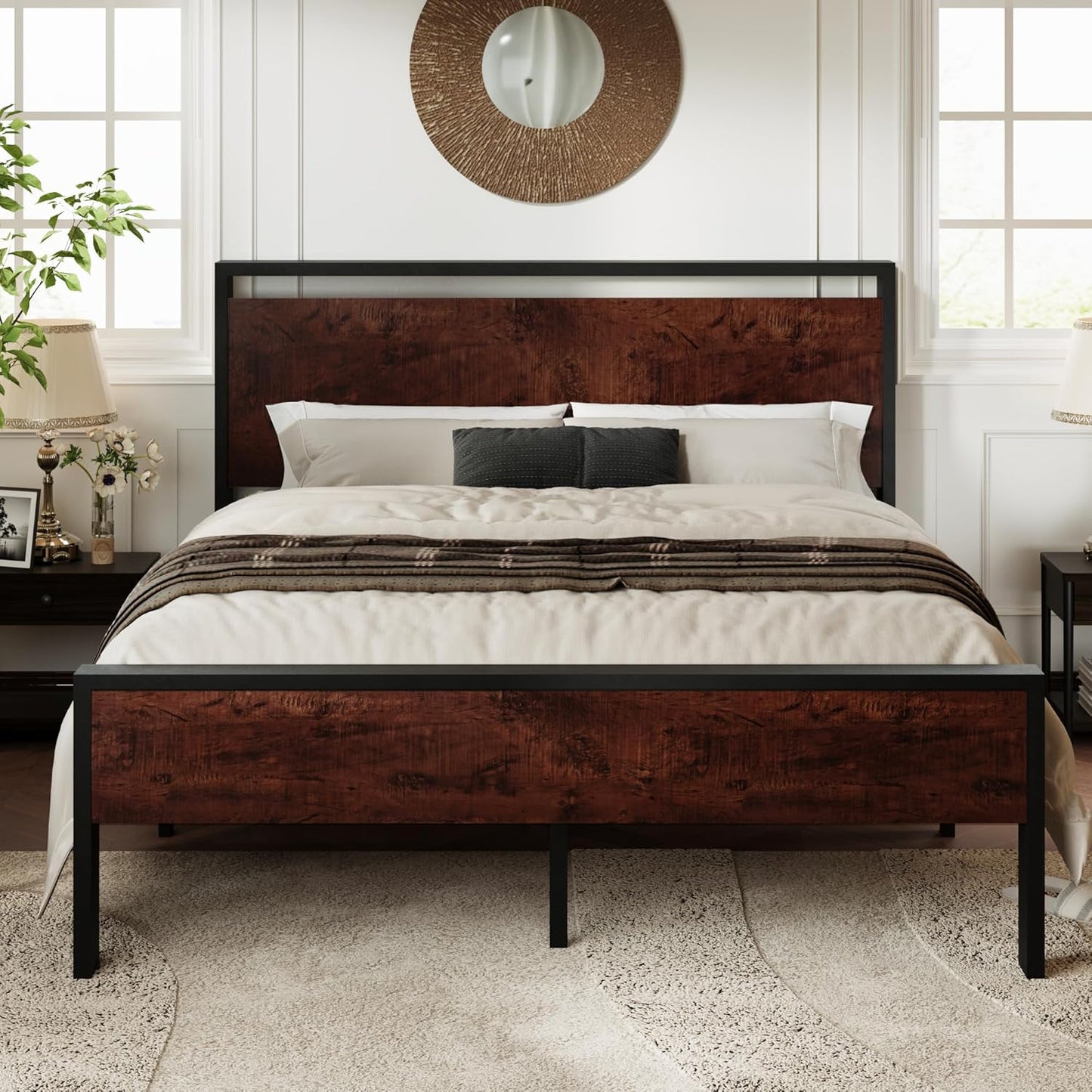 Allewie Full Size Platform Bed Frame with Wooden Headboard and Footboard, Heavy Duty 12 Metal Slats Support, No Box Spring Needed, Under-Bed Storage, Noise Free, Easy Assembly, Mahogany