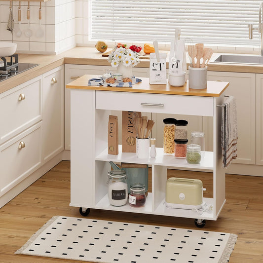 Shintenchi Kitchen Island on Wheels with Storage, Wheeled Island & Cart with 3-Tier Spice Rack, 3 Open Shelves and 1 Drawer, White
