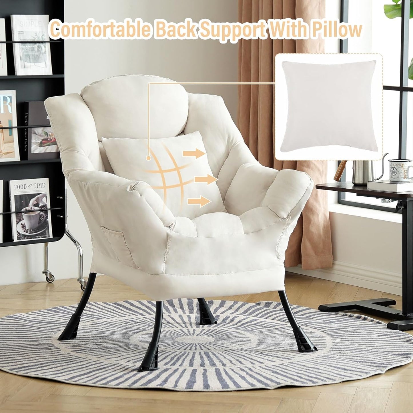 Lazy Chair with Pillow for Living Room, Modern Lounge Accent Chair with Armrests, Leisure Sofa Chair Set, Reading Chair for, Bedroom, Dorm Room, Office, Beige