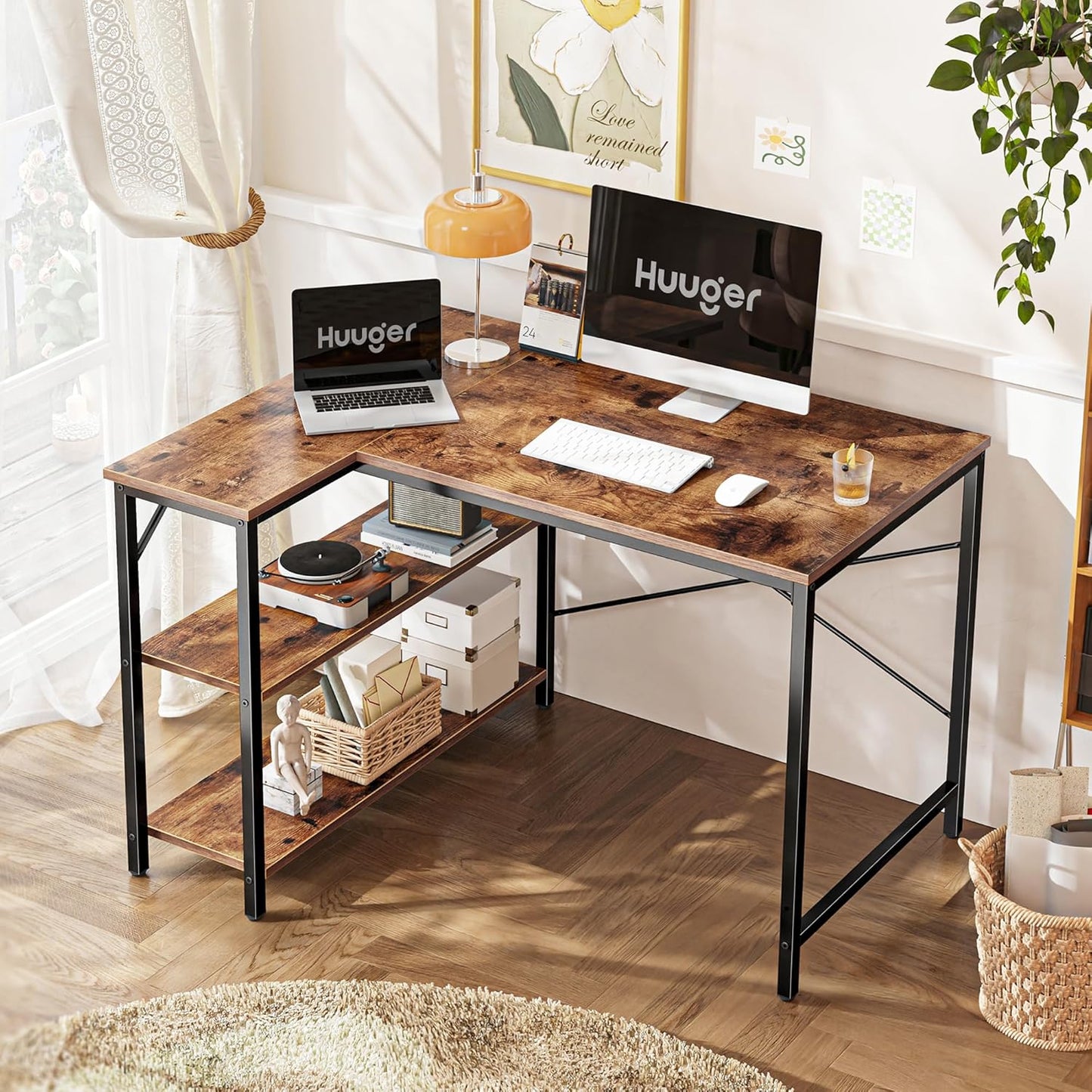 Huuger L Shaped Desk, 39 Inches Computer Desk with Reversible Storage Shelves, Gaming Desk, Corner Home Office Desks, Writing Study Desk with Metal Frame, Rustic Brown