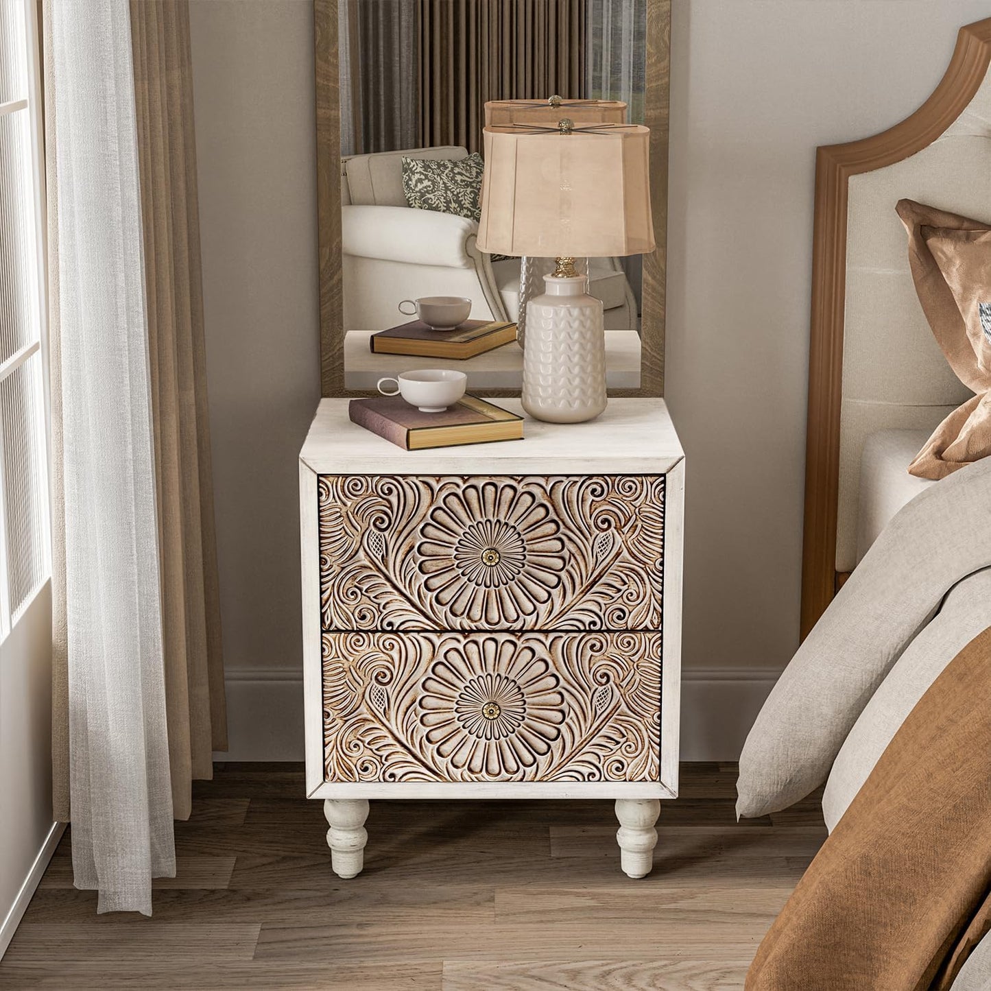 COSIEST Nightstand, 14" D x 18" W x 21.5" H MDF End Table with 2 Drawers, Vintage Style Wood Bedside Table, Bedroom Accessories for Home, Office, College Dorm