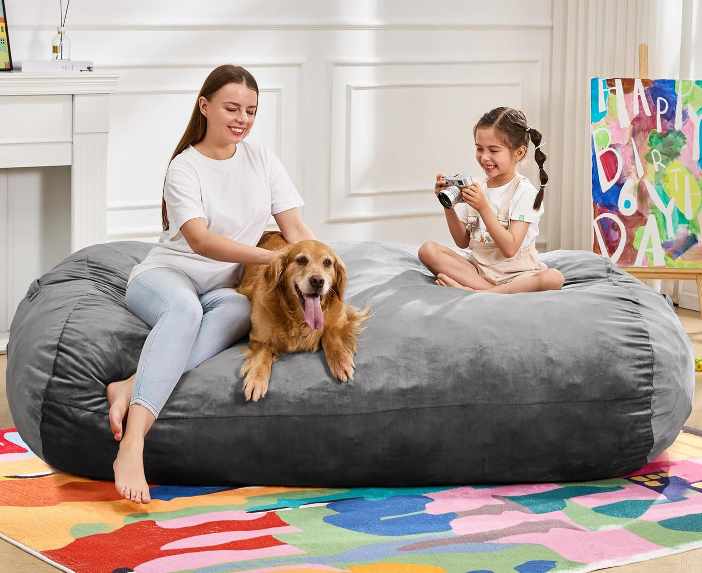 Hobestluk 6FT Bean Bag Chair Large Beanbag Lounger with Removable Cover Adult Bean Bag Chair with Portable Handle Desgin for Living Room Bedroom (Grey, 6FT)