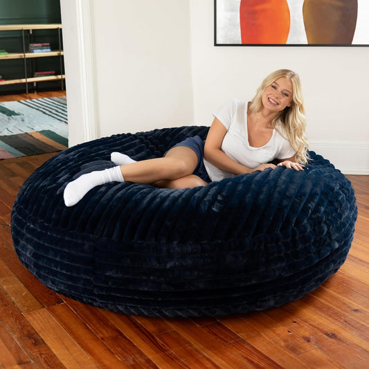 Jaxx 6 Foot Cocoon - 2-in-1 Convertible Bean Bag Bed & Large Bean Bag Chair for Adults, Premium Luxe Faux Fur - Mondo Midnight Blue