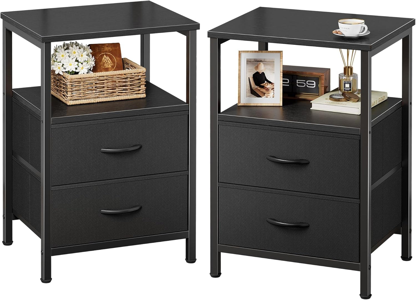 Huuger Night Stand Set of 2, Nightstand with 2 Drawers, Bed Side Table with Open Shelf, Wooden Top, End Table, Fabric Drawer, for Bedroom, Black