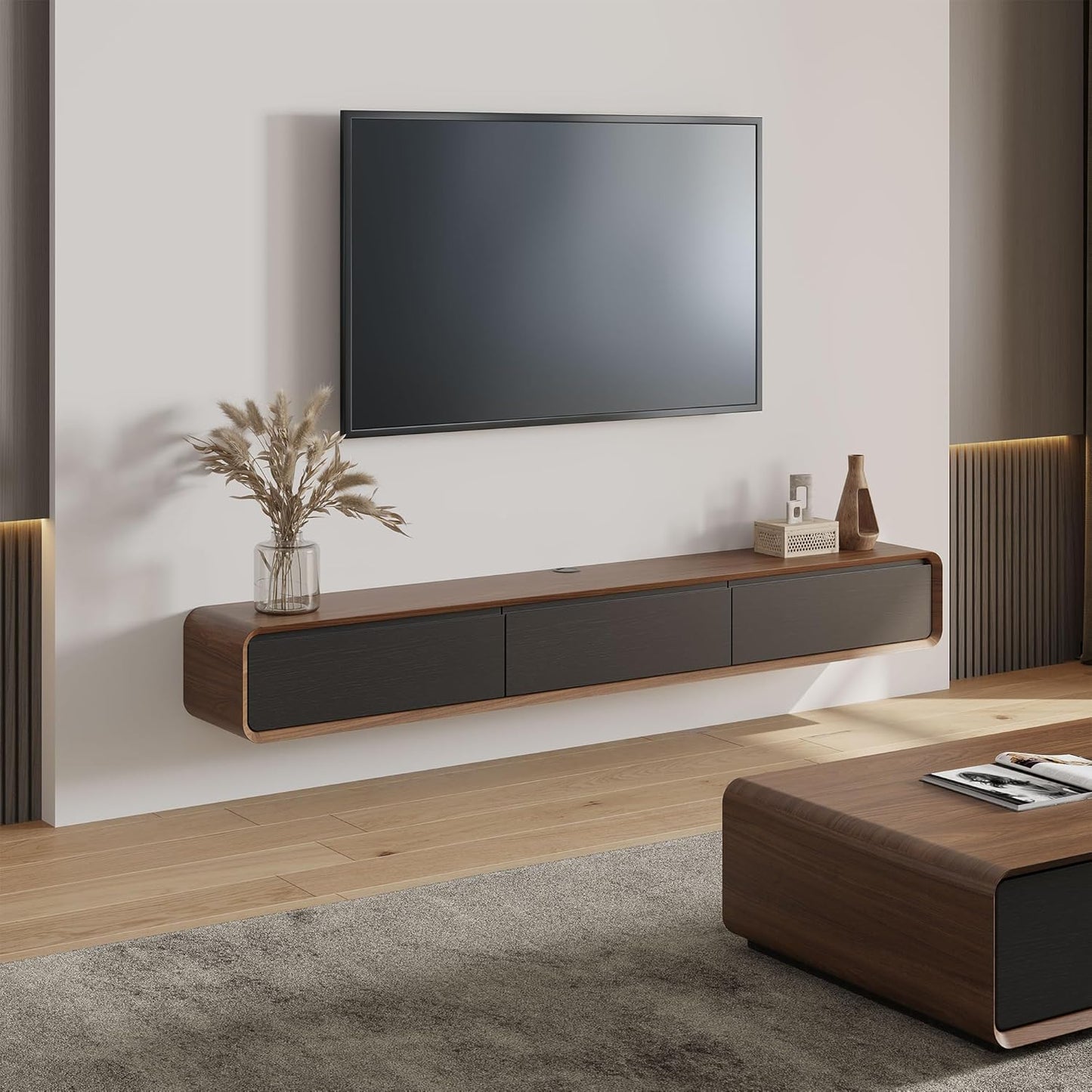 Fully-Assembled Minimalist Floating TV Stand, Modern Wall-Mounted Entertainment Center with 3 Flip-Down Cabinet Doors, Solid Wood, Walnut Veneer, 78"