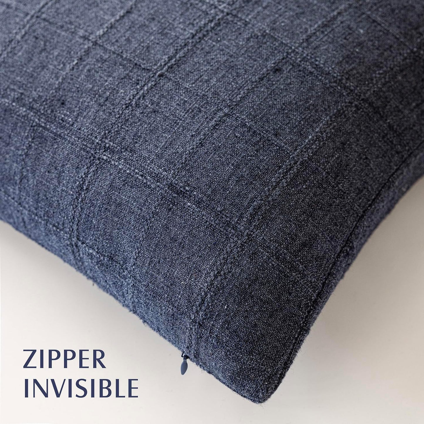 Foindtower Set of 2 Decorative Linen Check Throw Pillow Covers Neutral Farmhouse Vintage Cushion Covers Modern Boho Home Decor for Sofa Chair Couch Bedroom Living Room Outdoor,24×24 Inch,Navy Blue