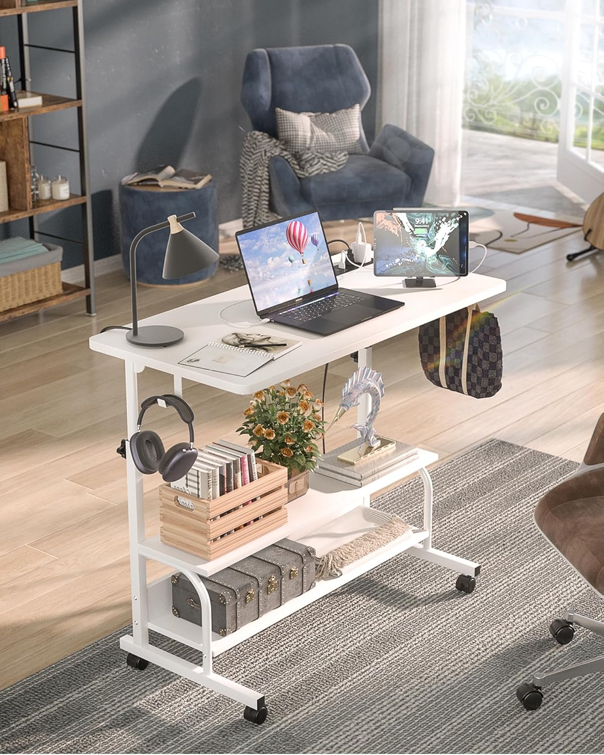 Armocity Height Adjustable Standing Desk with Power Outlets, 32" Manual Stand Up Desk with Storage Shelves Small Mobile Rolling Computer Desks Portable Laptop Table with Wheels for Home Office, White