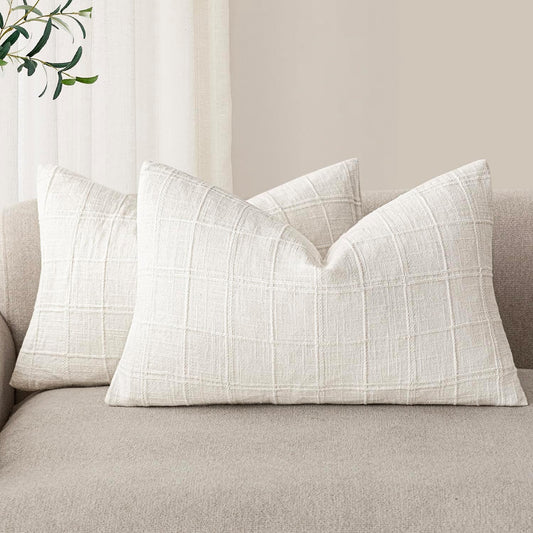 Foindtower Set of 2 Decorative Linen Check Throw Pillow Covers Neutral Farmhouse Lumbar Cushion Covers Modern Boho Home Decor for Sofa Chair Couch Bedroom Living Room Outdoor,12×20 Inch,Cream White