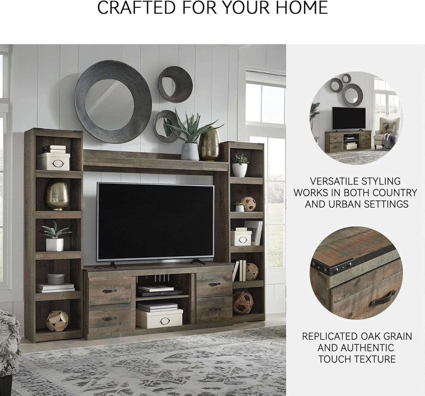 Signature Design by Ashley Trinell Rustic 4-Piece Entertainment Center for TVs up to 69", Light Brown