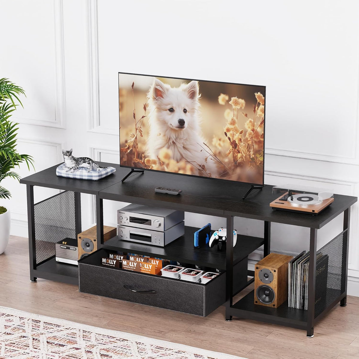 TV Stand with Drawers and Open Storage Shelves for 65 60 55 Inch TV, Entertainment Center with Open Storage Shelves, Industrial Media TV Console Table for Living Room Bedroom Office, Black