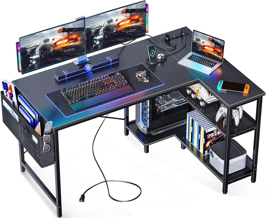 ODK 48 Inch Small L Shaped Gaming Computer Desk with Power Outlets, Corner Desk with Reversible Storage Shelves & PC Stand for Small Space, Modern Simple Home Office Table, Carbon Fiber Surface, Black