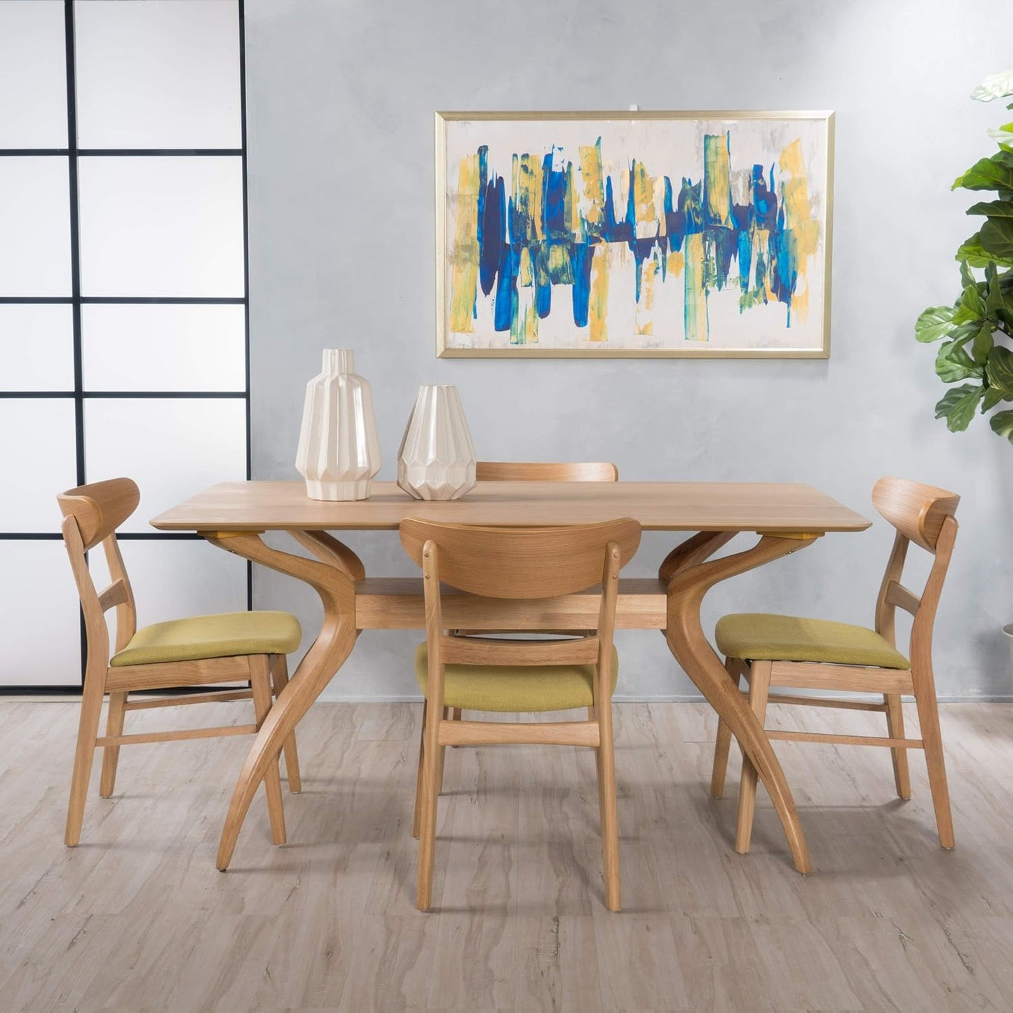 Christopher Knight Home Idalia Curved Leg Rectangular Dining Set, 5-Pcs Set, Natural Oak / Green Tea