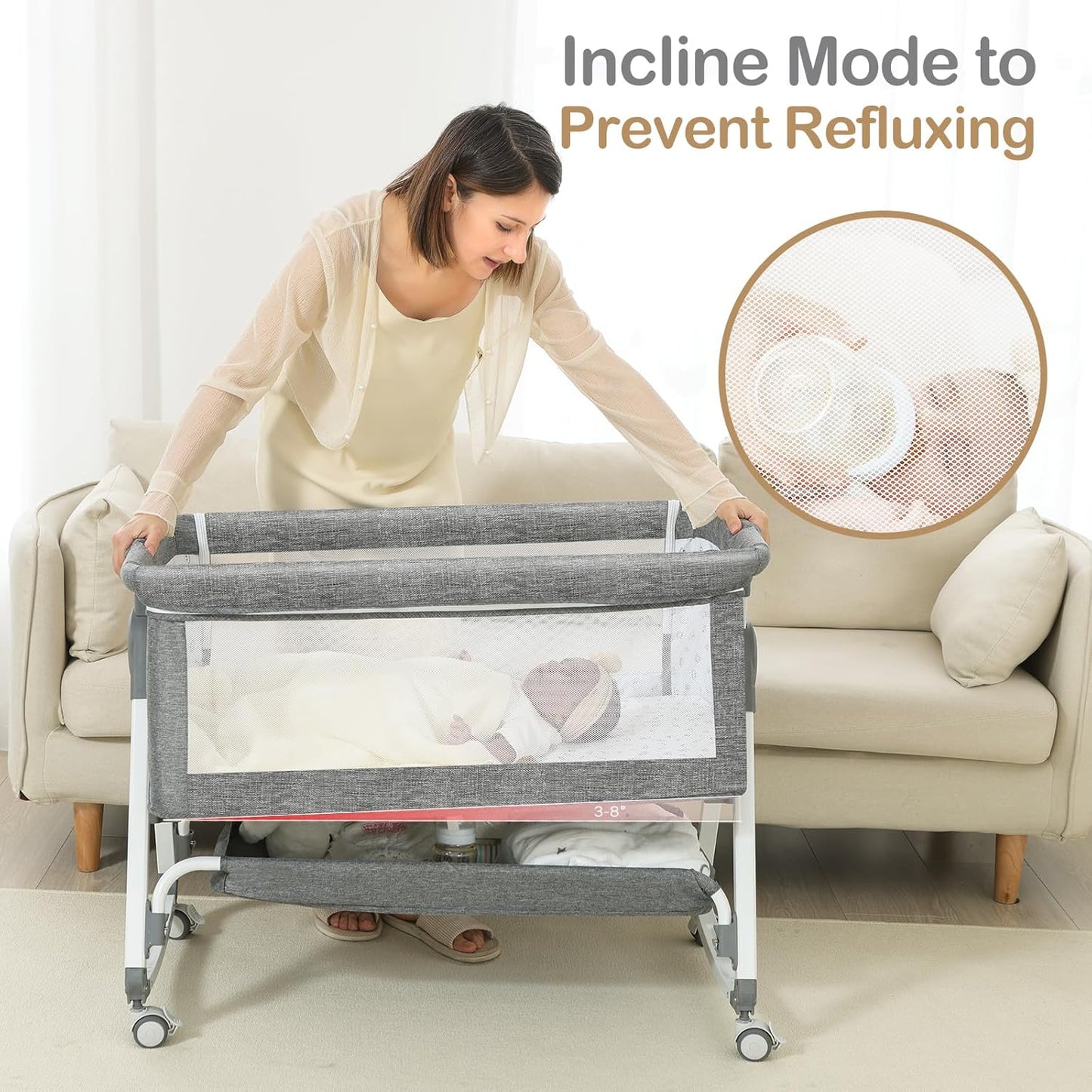 Baby Bassinet, Bedside Bassinet for Baby, 4 in 1 Bassinet Bedside Sleeper with Locked Wheels, Mosquito Net, Adjustable Easy Folding Portable Crib for Infant Newborn, Grey