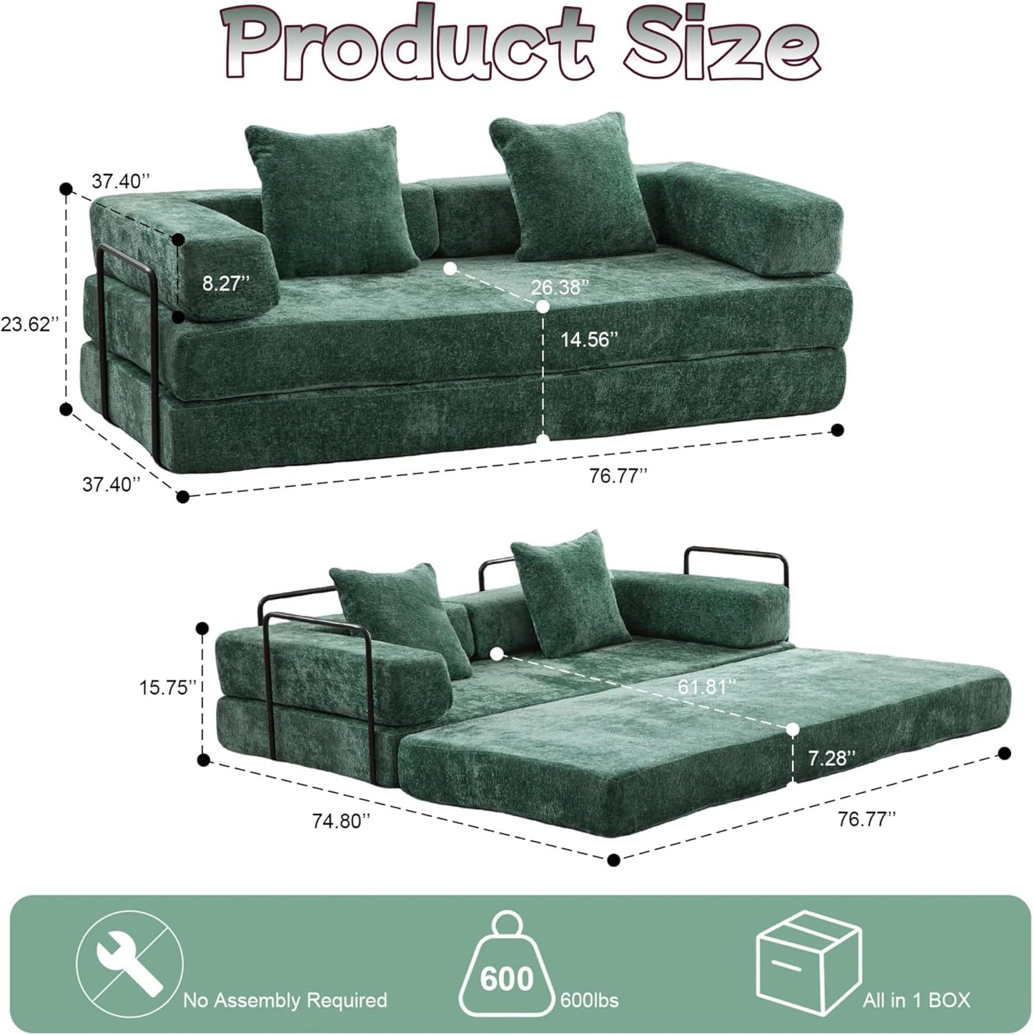 Convertible Sofa Bed, Compression Futon Sofa with Pillows & Armrest, Foldable Mattress Couch with Fixed-Shape Frame, Comfy Couch Lounge Sleeper Bed for Living Room Bedroom, Dark Green
