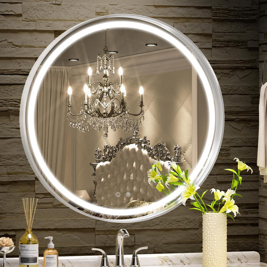 Hasipu 24 Round LED Mirror for Bathroom with Lights, Silver Circular Vanity Mirror for Wall, Metal Framed Frontlit Bathroom Mirrors Anti-Fog, Dimmable, 3 Colors Makeup Mirror Wall Mounted