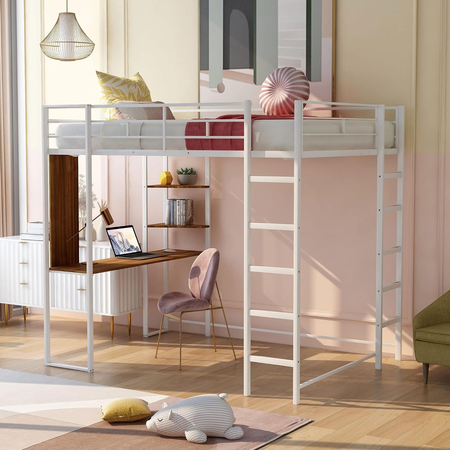 Full Size Metal Loft Bed with 2 Storage Shelves and 1 Desk,Steel Structure Bed Frame W/ 2 Build-in Ladders & Full-Length Guardrails,No Box Spring Needed,for Kids Teens Adults,White