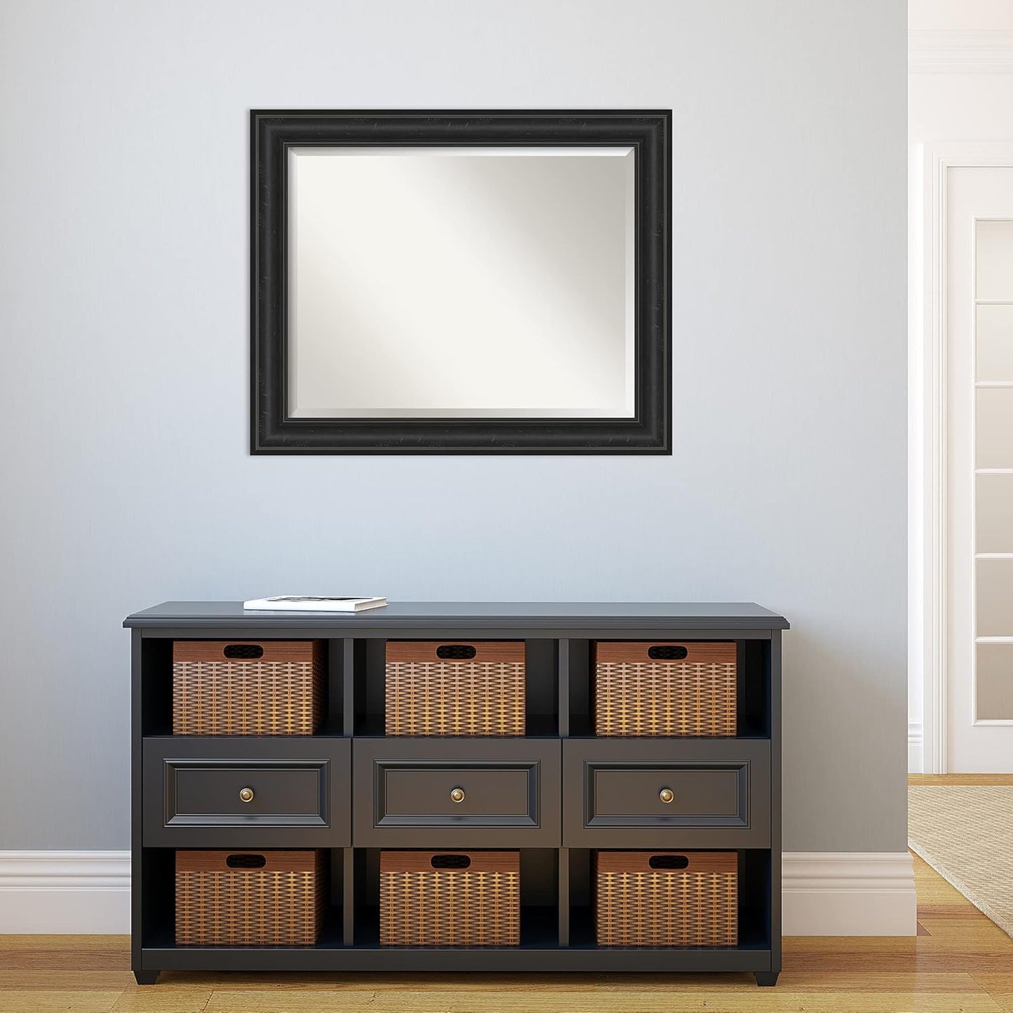 Amanti Art Black Bathroom Mirror for Over Sink, 28x34 Shipwreck Black Rectangle Vanity Mirror, Large Rustic Farmhouse Frame, Hangs Horizonally and Vertically, Bathroom Wall Decor, Beveled Edge