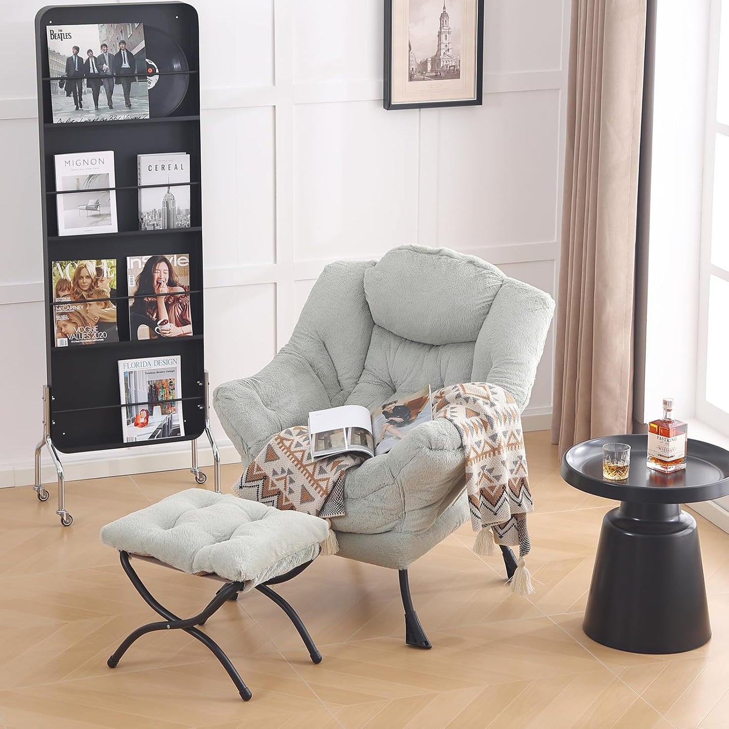 LITA Lazy Chair with Ottoman, Modern Accent Leisure Upholstered Sofa Chair, Contemporary Lounge Reading Chair with Armrests and a Side Pocket for Living Room, Bedroom & Small Space