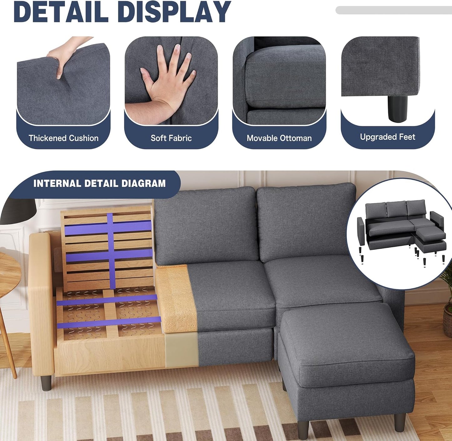 Small Sectional Sofa Couch, 3 Seat L Shaped Couches with Ottoman, Upholstered Fabric Convertible Sofa, Small Couch for Apartments, Living Room and Office (Dark Grey)