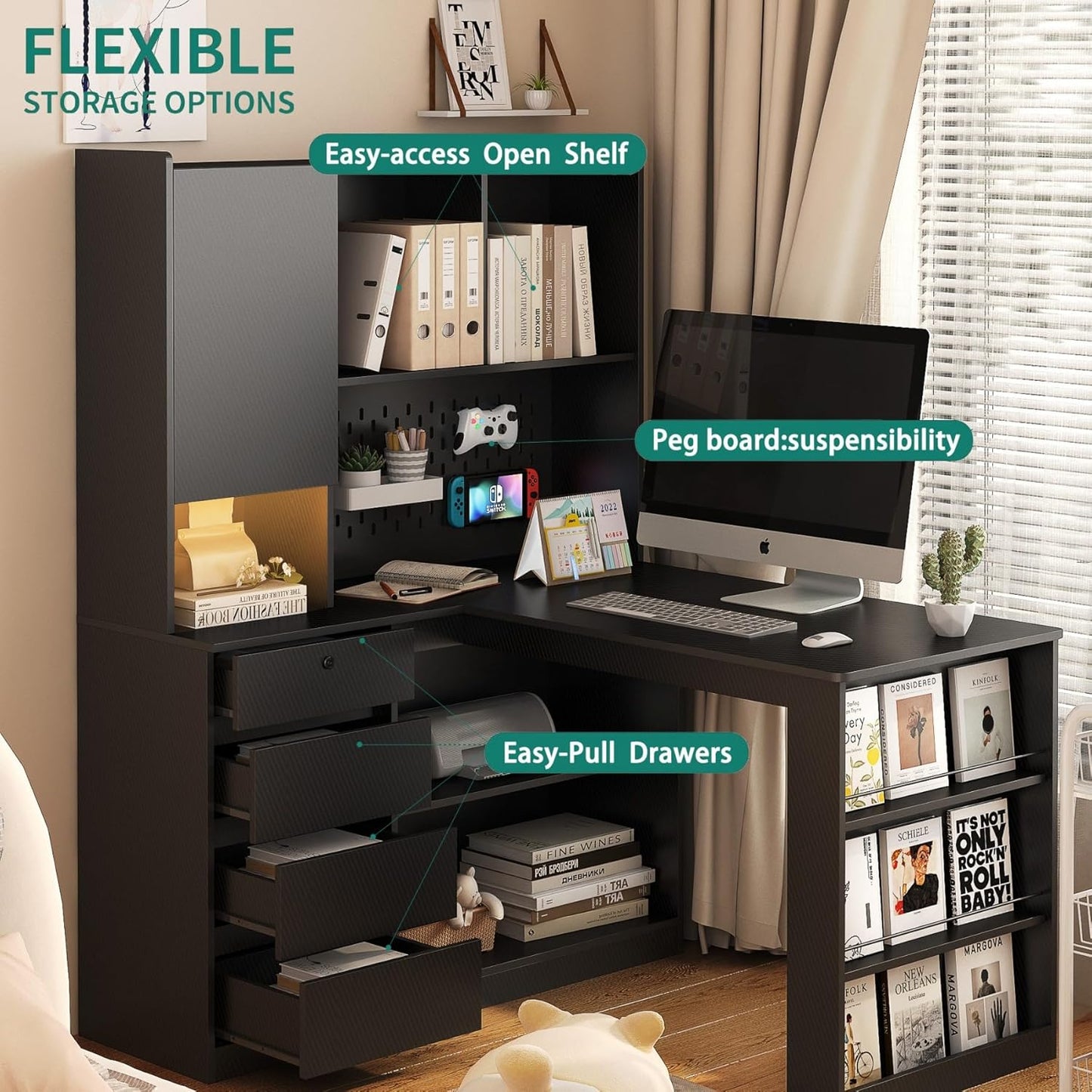 KEIKI L Shaped Home Office Desks with LED Light, Pegboard, Hutch, Drawers, Bookshelf & Storage Shelves, Modern Wooden Gaming Computer Corner Table for Work, Study, Writing