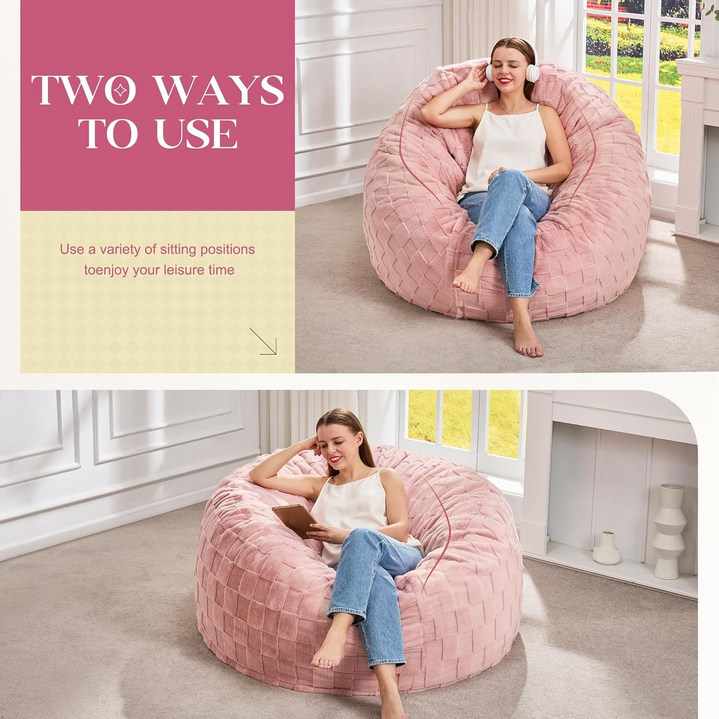 Hobestluk Bean Bag Chairs Beanbag Chair with Filler Adult Bean Bags with Fluffy Cover, Giant Bean Bag Chairs for Adults for Living Room, Bedroom (Pink, 4FT - 44” x 44” x 24”)