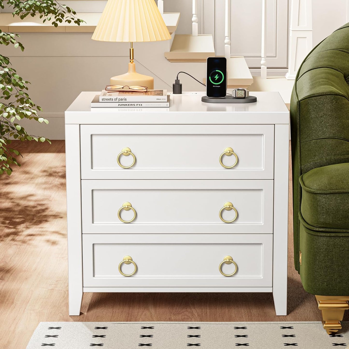 Huuger Paint Night Stand with Charger Station and USB-C Port, 3 Drawer Nightstands Set of 2, Larger Wider Bedside Table, Modern End Table, for Bedroom, White Nightstand