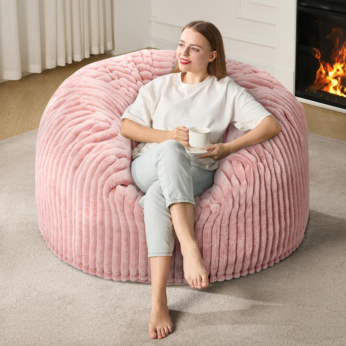 4ft Bean Bag Chairs for Adults Large Beanbag Chair with Stripe Plush Cover Big Bean Bag Chair for Living Room Bedroom Dorm Office