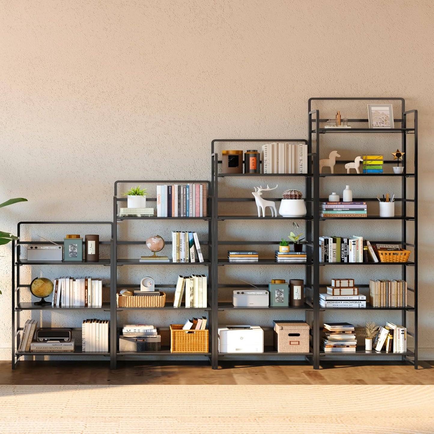 4NM No-Assembly 6 Tiers Folding Bookshelf Storage Shelves Vintage Bookcase Standing Racks Study Organizer Home Office (All Black)