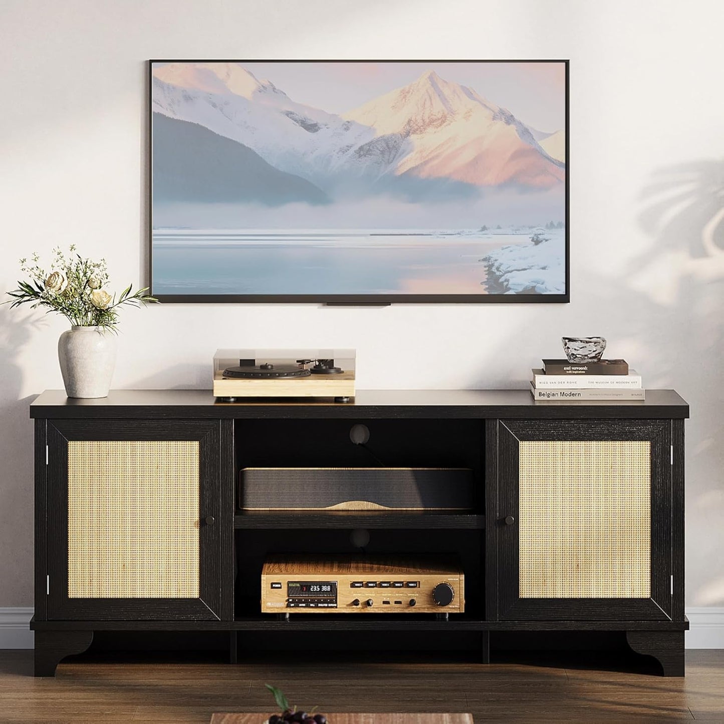 GarveeHome Rattan TV Stand for Living Room, Boho Entertainment Center for 55, 65, 70 Inch TV, TV Console Cabinet with Storage and Shelf, Black