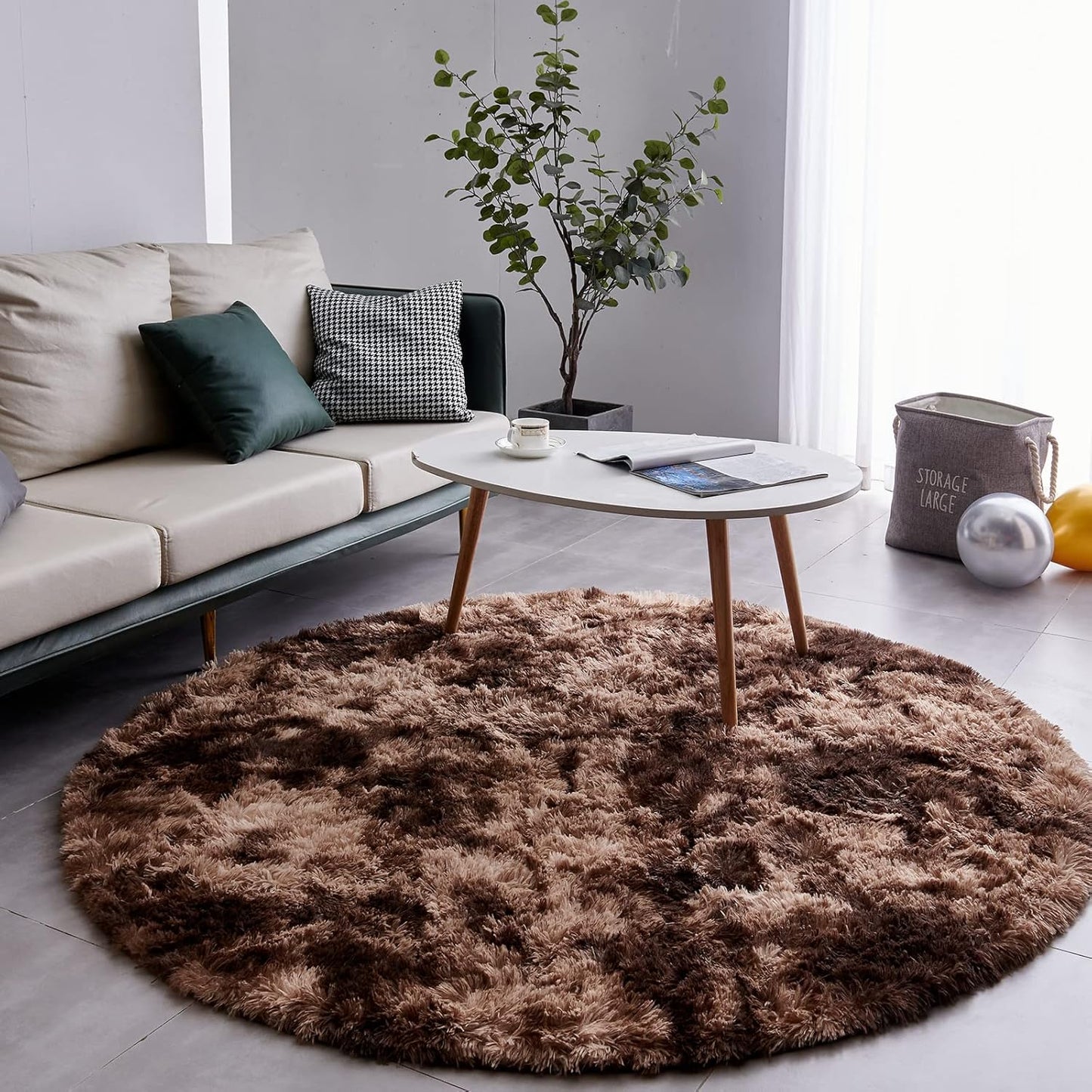 FJZFING Tie-Dyed Coffee Round Rug Ultra-Soft Plush Modern 7x7 Circle Area Rug for Kid's Bedroom, Fluffy Shag Circular Rug for Nursery Room, Non-Slip Home Decor Carpet for Teen's Room