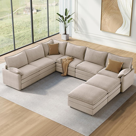 Vesgantti Large Modular Sectional Sofa, Big Comfy Cloud Couch with Ottoman Deep Seat Chenille Cloud Sofa, 8 Seater Large Sectional Couches for Living Room, Bedroom and Apartment, Light Brown