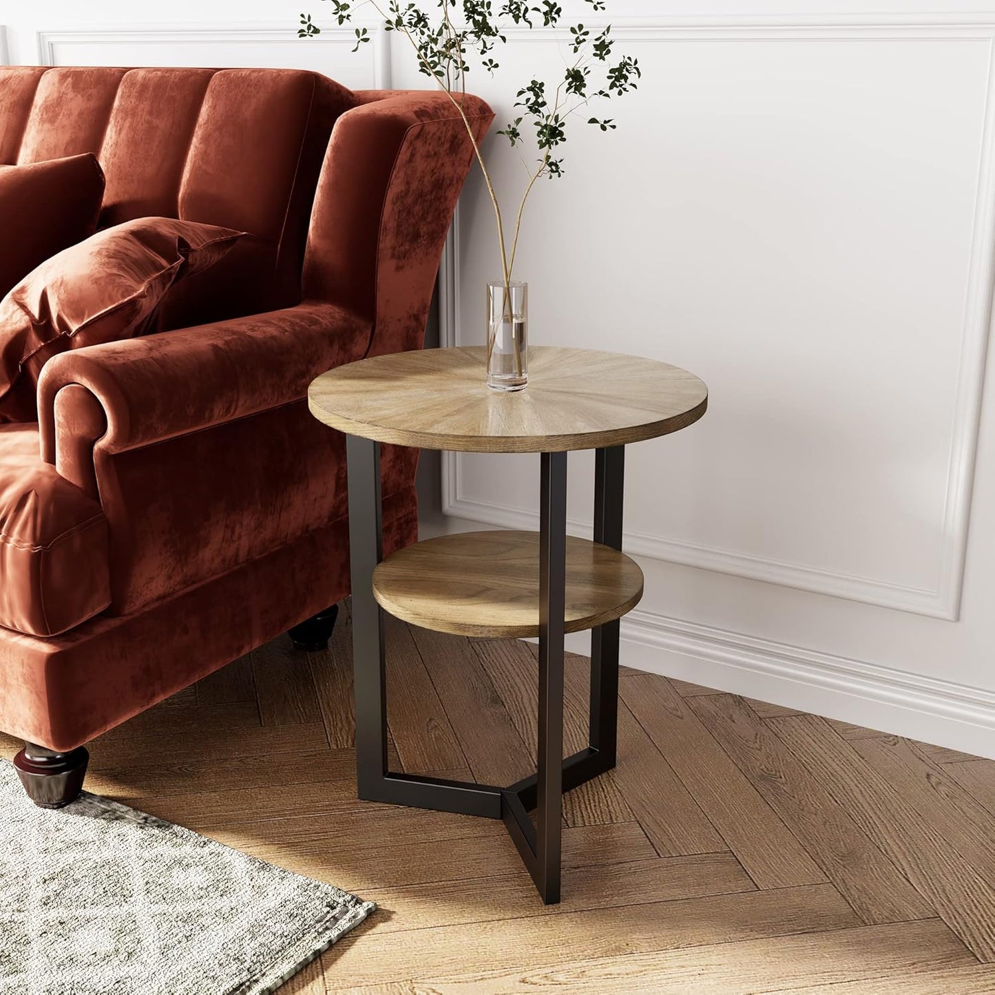 LEEMTORIG Round Side Table, 2-Tier High End Table Nightstand with Metal Legs, Modern Bedside Couch Table for Living Room, Bedroom, Office, Rustic Natural/Black, 19.3 x 19.3 x 24 inches BZ-1338