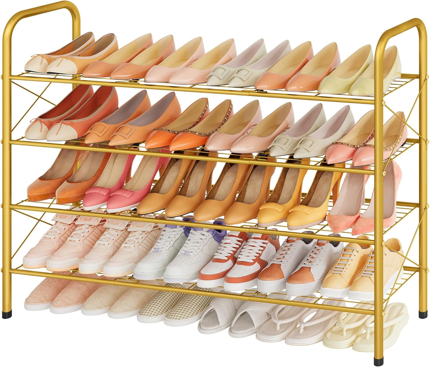 Hoctieon 4 Tier Mesh Style Shoe Rack, Entryway Shoe Shelf, Shoe Storage Organizer, Shoe Rack for Closet, Space Save for Bathroom, Garage, Hallway, Bedroom, Living Room, Gold