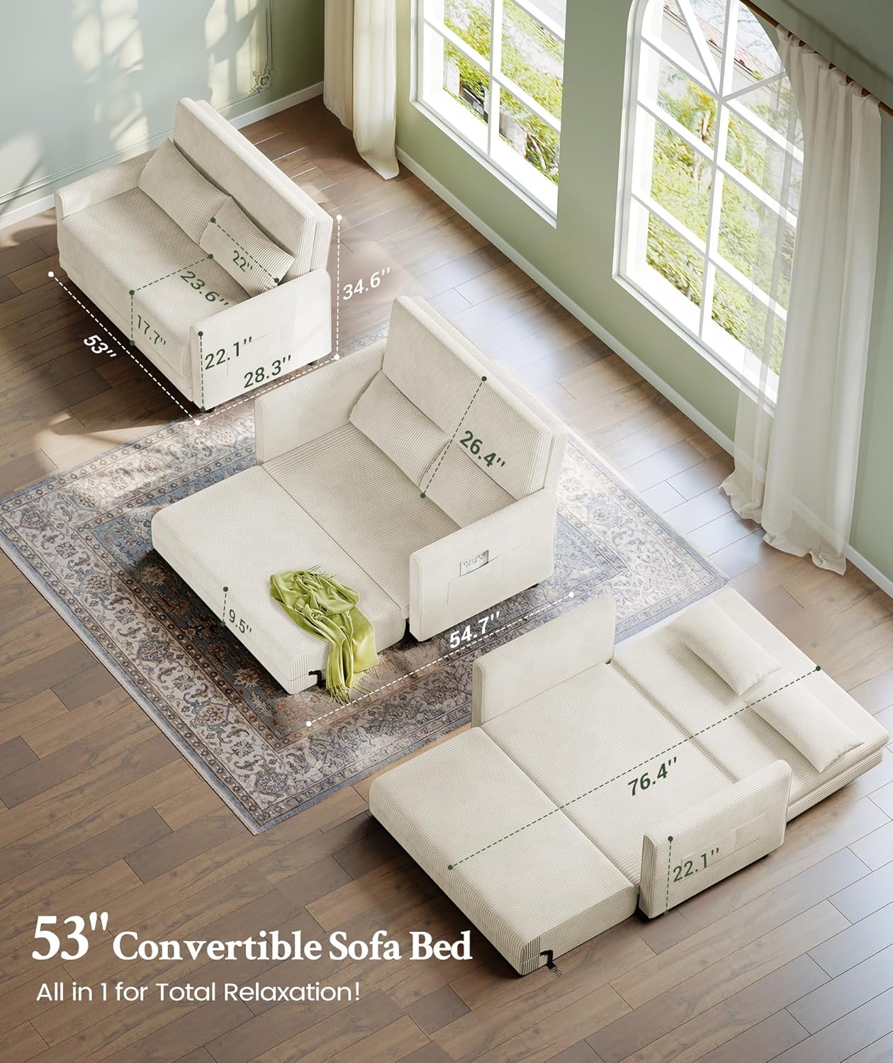 53” Convertible Sofa Bed Couch, Corduroy Couch Bed, 6-Position Loveseat Sleeper Sofa, Love Seat Sleeper Bed 23.6" Extra Deep Seat, Modern Couches for Living Room/Apartment/Home/Office, Beige