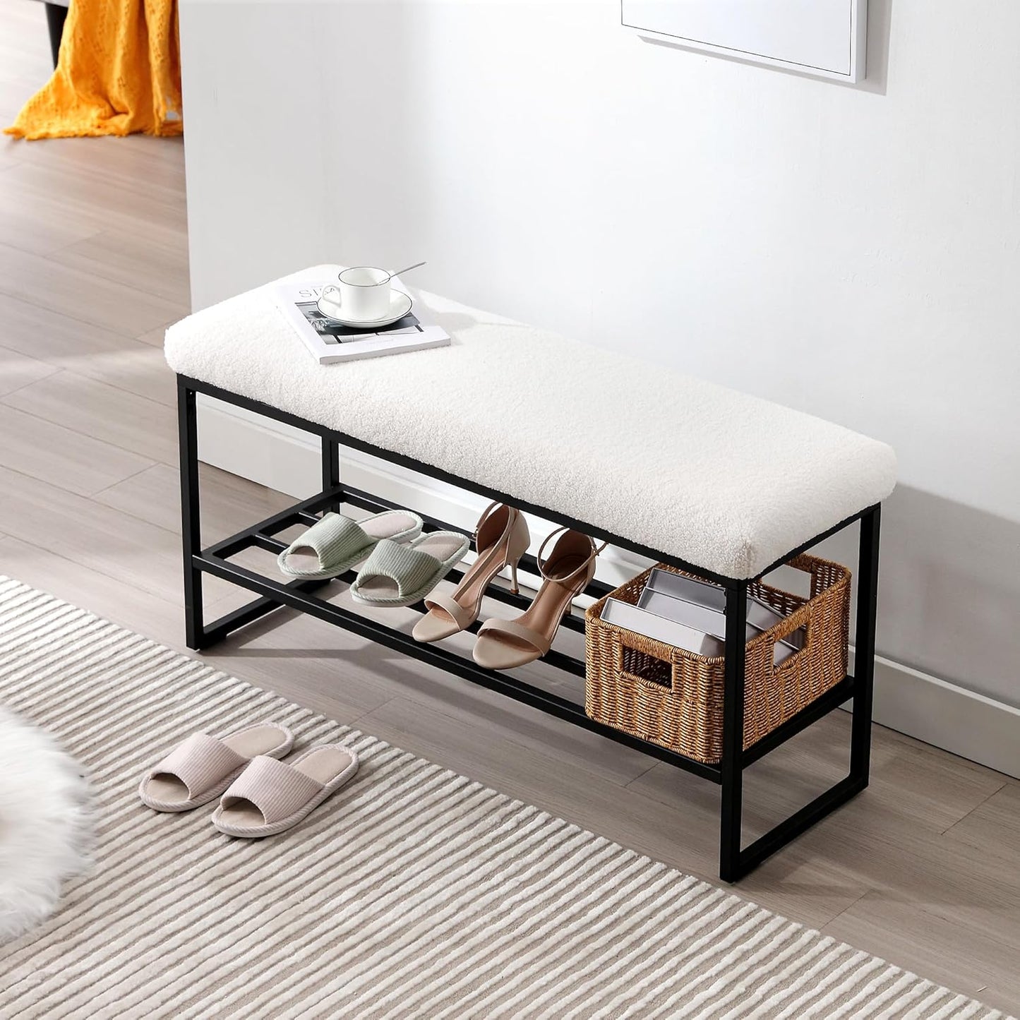Zesthouse Boucle Shoe Bench Entryway with Storage, Upholstered Bench for Bedroom End of Bed, Metal Shoe Rack for Closet Hallway Doorway Living Room Mudroom, White