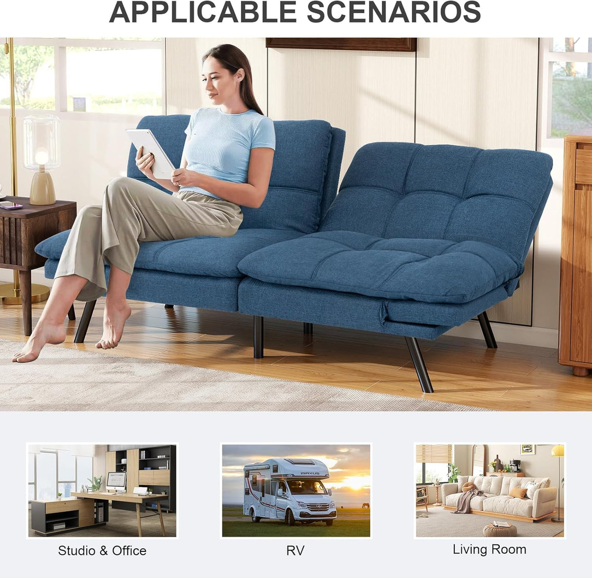 Vipbear Futon Sofa Bed Couch, 71" Convertible Sofa Bed, Space-Saving Loveseat with Adjustable Backrest & Armrest for Living Room,Apartment,Office,Blue Sleeper Sofa