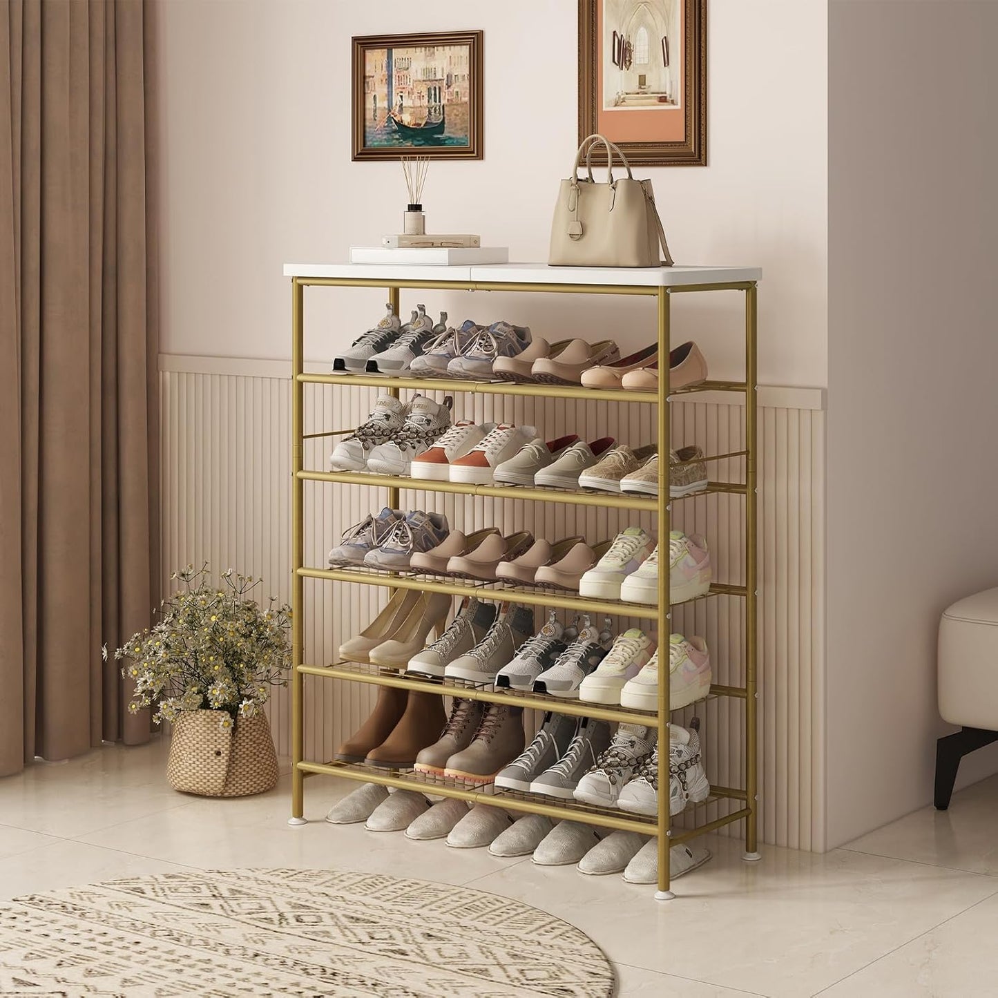 Shoe Rack Organizer 6 Tier for Closet Entryway Free Standing Metal Storage Shoe Shelf with MDF Top Board，Gold