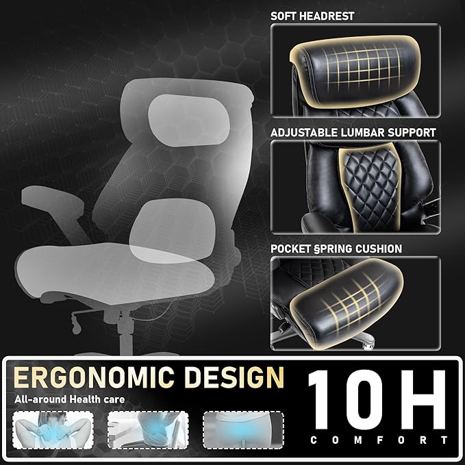 DYHOME 700LBS Heavy Duty Office Chair with 4d Armrest, Big and Tall Office Chair, Ergonomic Computer Chair with Airbag Lumbar Support, Wider Thicker Seat Cushion, PU Comfy Office Desk Chairs, Black