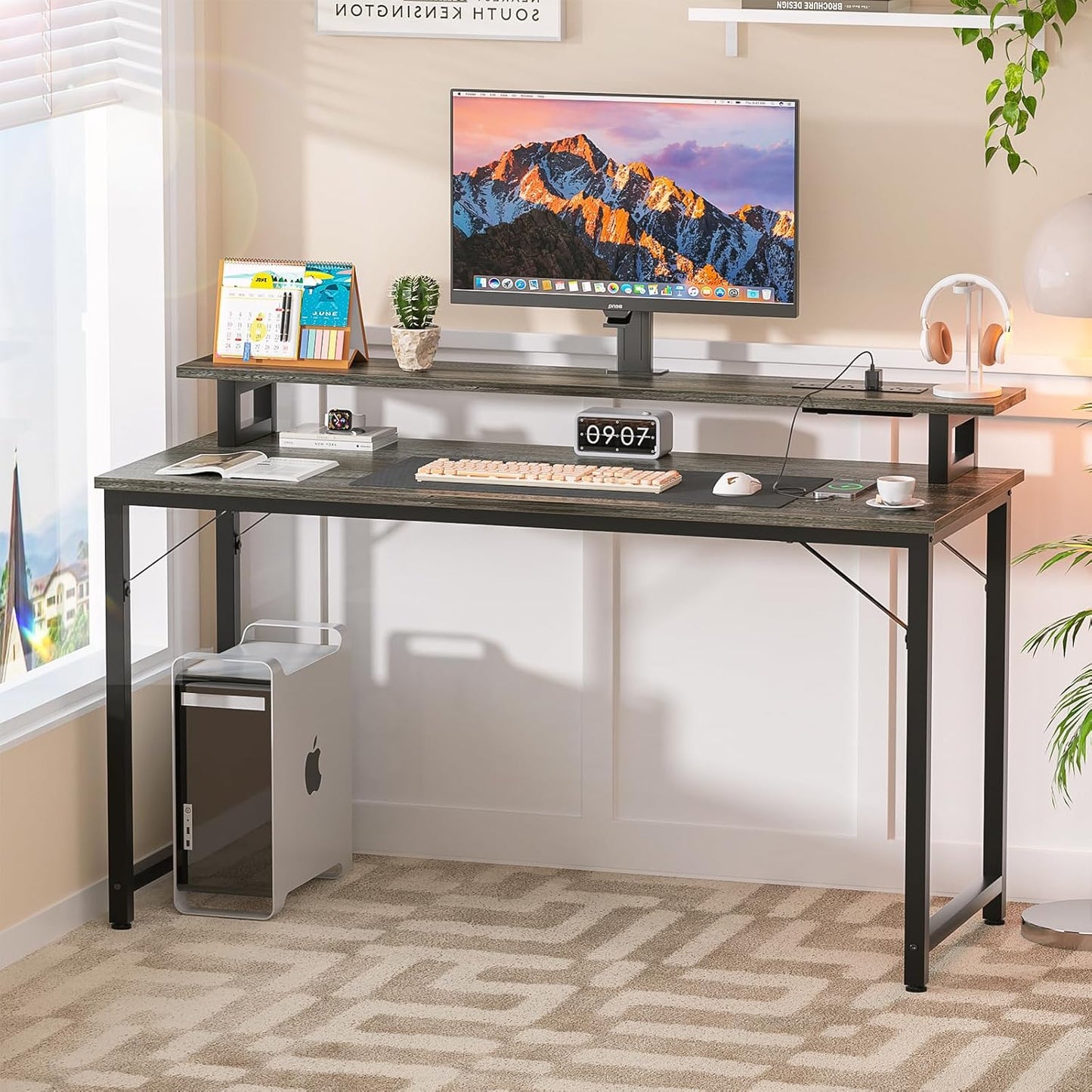 Computer Desk with USB Power Outlets and LED Lights, 47 inch Gaming Desk with Monitor Stand for Small Space Home Office, Modern Simple Study Writing Table PC Desks, Black Oak