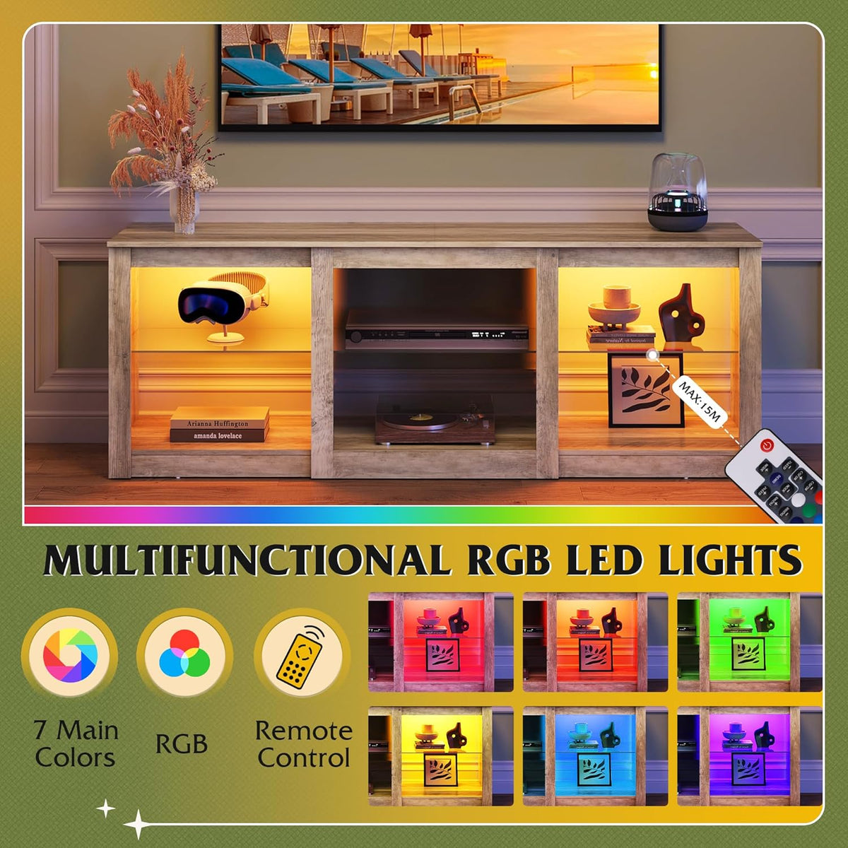 WLIVE LED TV Stand for 65 Inch TV, Modern Entertainment Center with Adjustable Glass Shelves & Customizable LED Lights, Sturdy Media Console for Living Room, Bedroom,Gaming (Gray Oak)