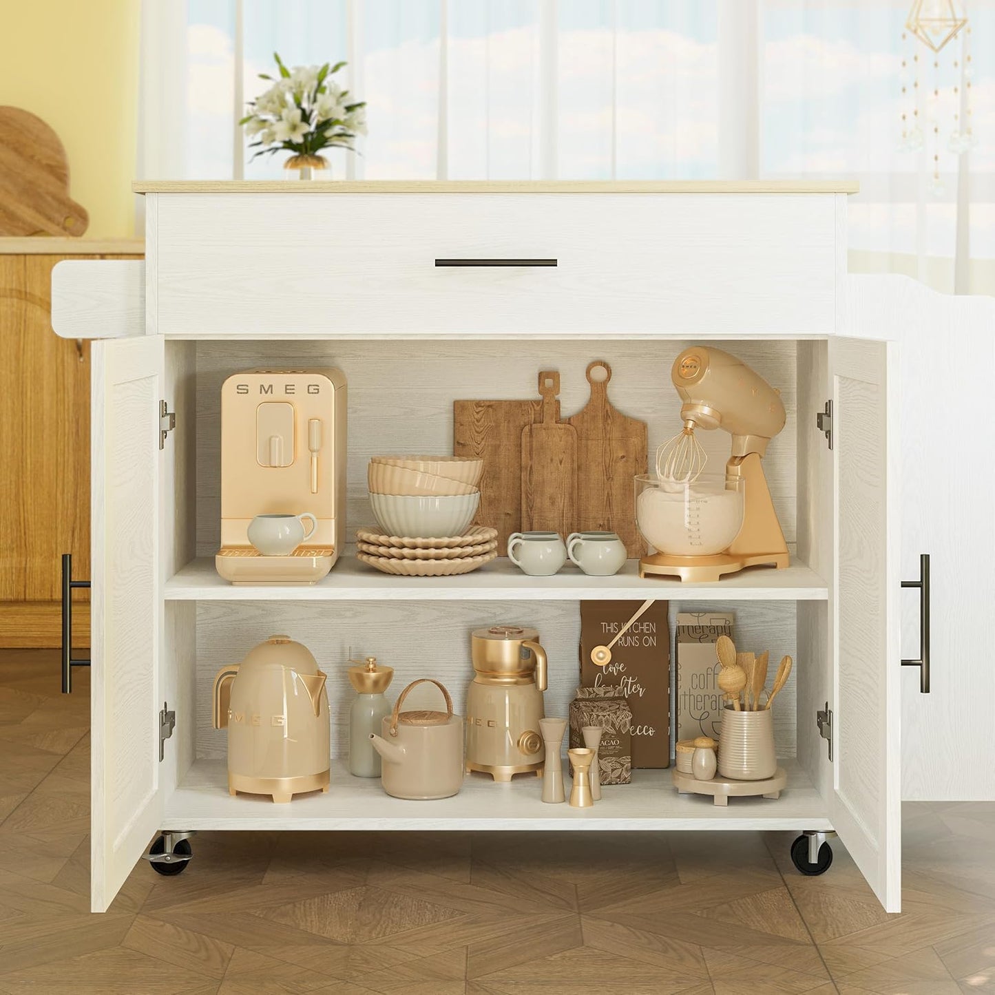 IRONCK Kitchen Island with Storage, Rolling Kitchen Island on Wheels with Drop Leaf, 3 Open Spice Rack Shelf, Door Cabinet, Drawer, Kitchen Cart Island Table for Kitchen, White
